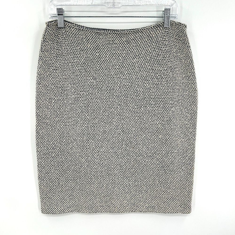 ST. JOHN White Gray Wool Knit Side Zip Bodycon Mini Skirt Size 8